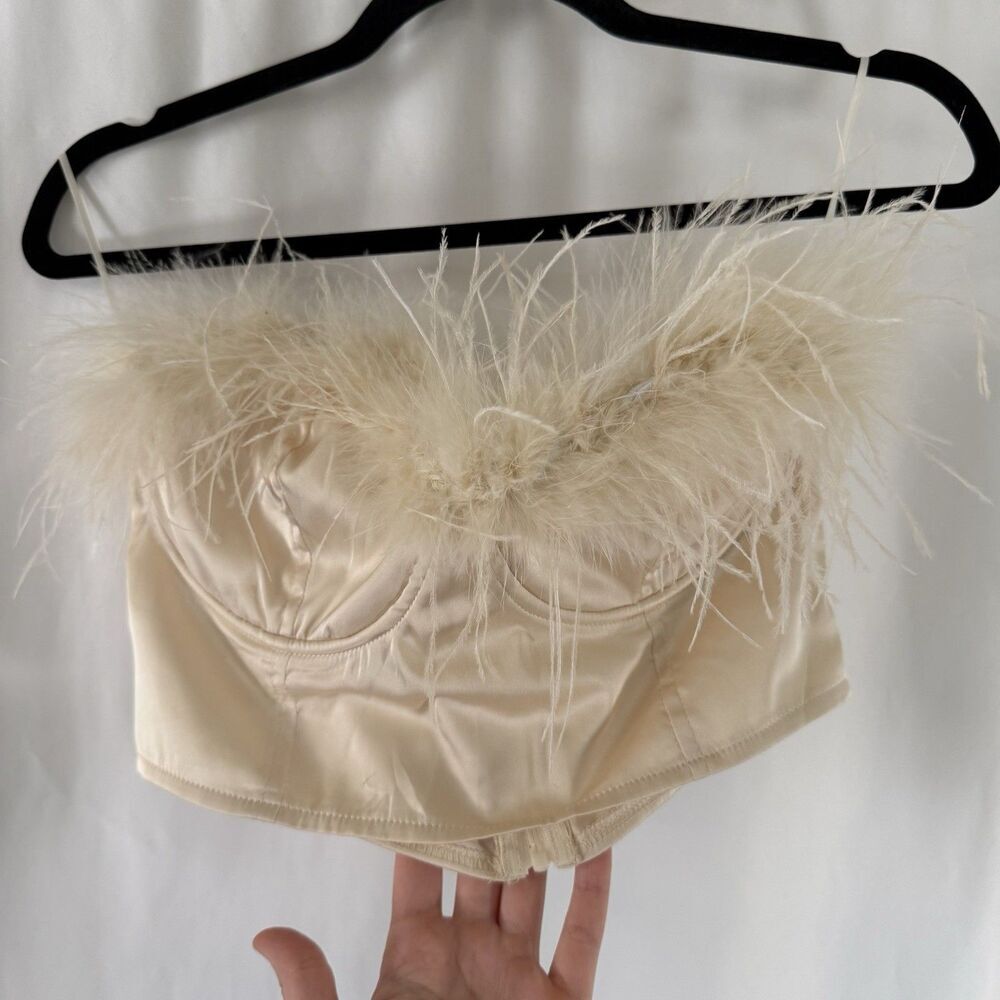 Le Lis Feather Trim Blouse Women's Medium Cream Satin Cropped Underwired